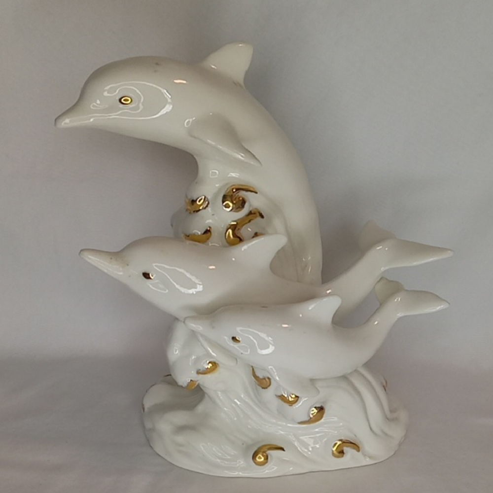 Vintage Elegant White Dolphin Wave Dancers Sculpture Figure  Gold Accents